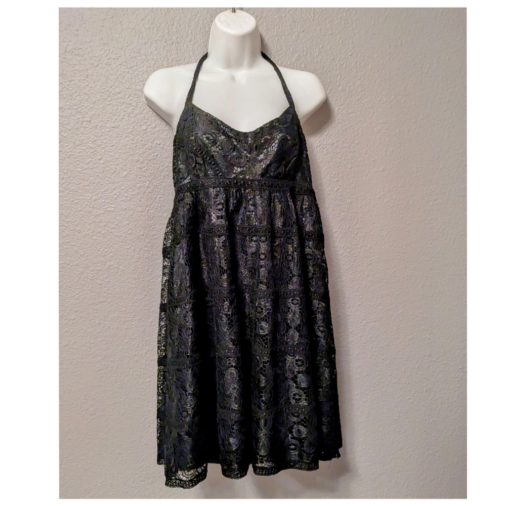 Betsey Johnson Black Prom Dress Eyelet Lace Halter Mini Cocktail Party 6 S/XS